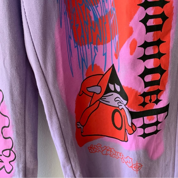 Kidcore Harijuku Bears Graphic Baggy Streetwear Pull On Neon Purple Pants Small - Picture 8 of 13